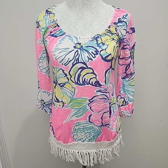 Lilly Pulitzer Womens Alia Top Shirt Fringe Multicolor Pink Seashell Size XS‎ - Picture 1 of 7
